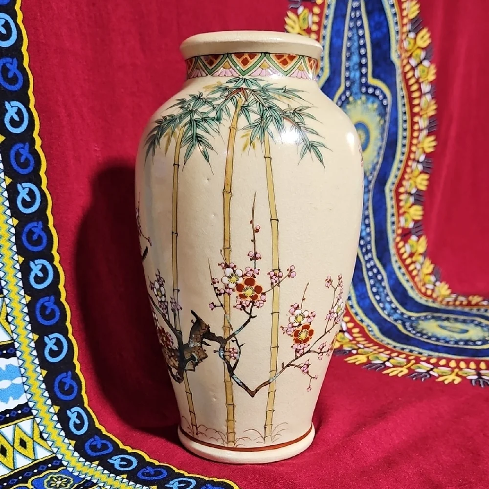 VTG Japanese Shinkozan Satsuma Handpainted Crackle Glaze Vase Birds/Blossoms #1